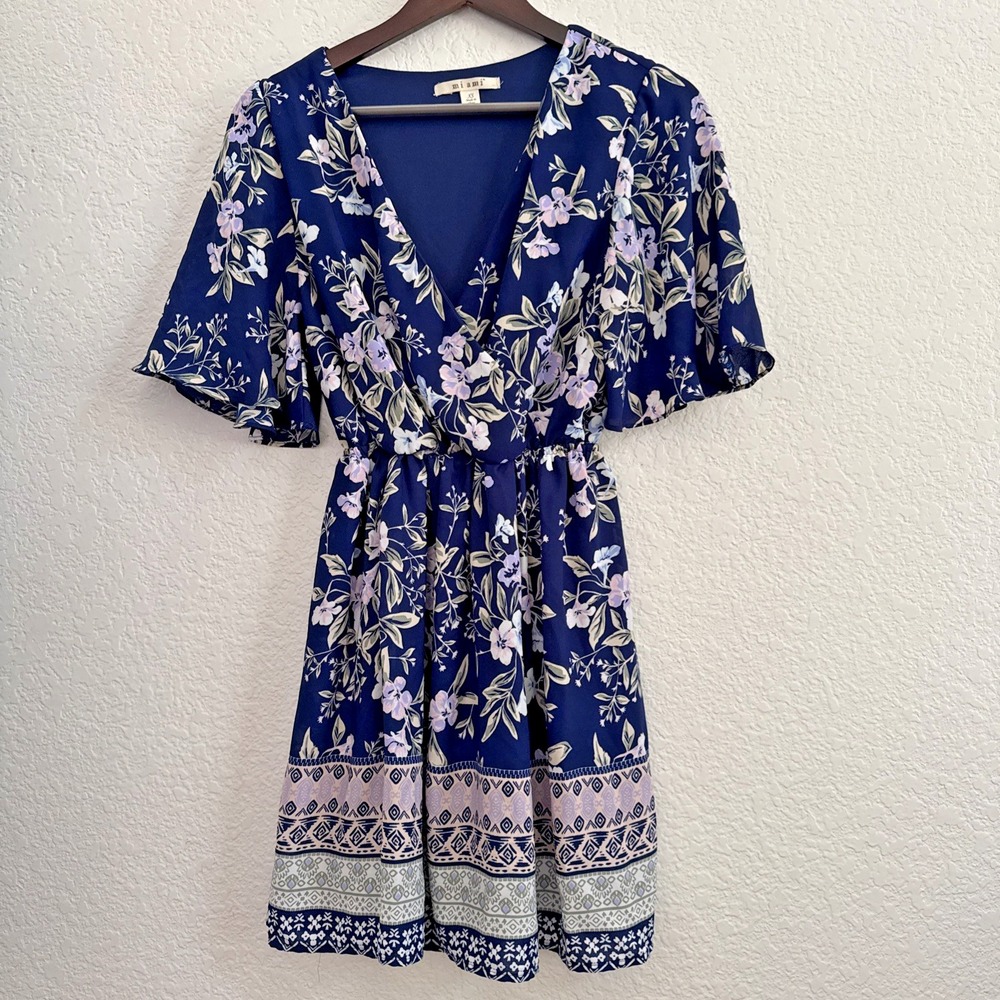 Francesca's Mi Ami Navy Floral Flutter Sleeve Boho Dress Elastic Waist Size XS